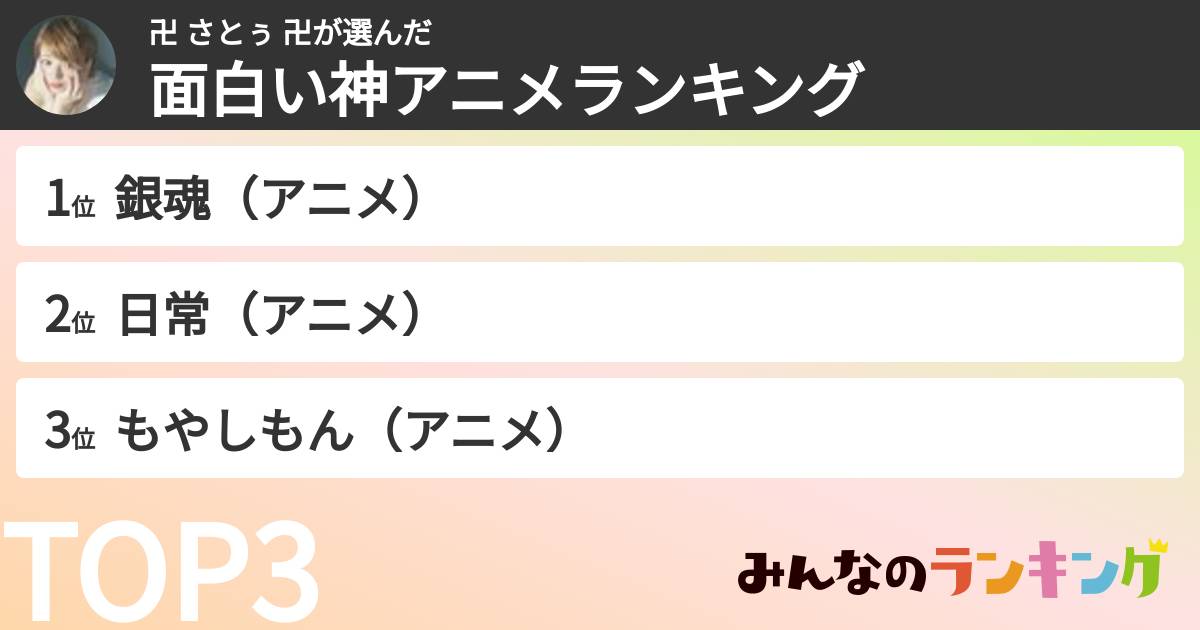 卍 さとぅ 卍さんの「面白い神アニメランキング」