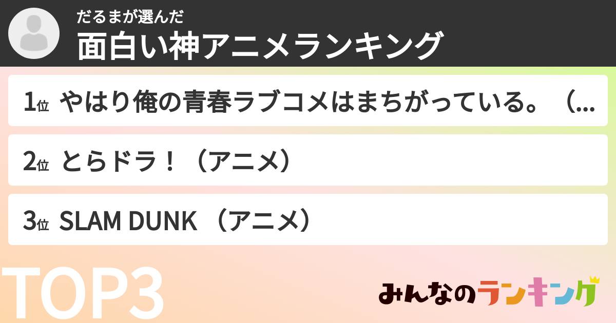 だるまさんの「面白い神アニメランキング」