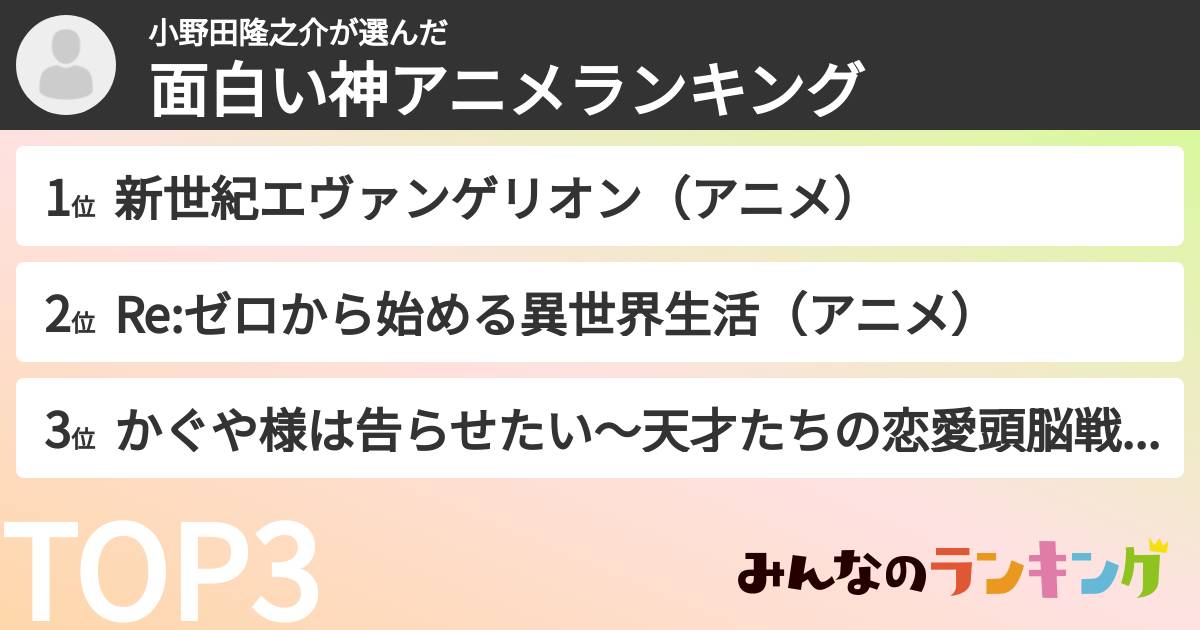 小野田隆之介さんの「面白い神アニメランキング」