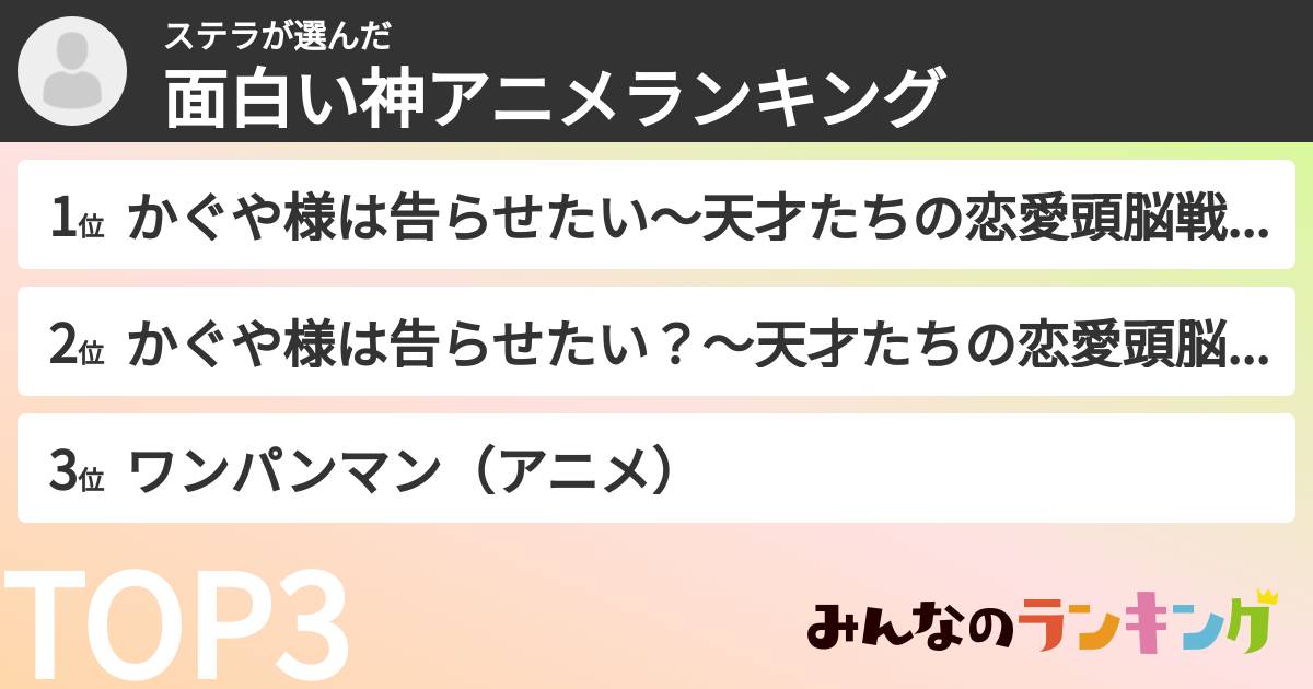 ステラさんの「面白い神アニメランキング」