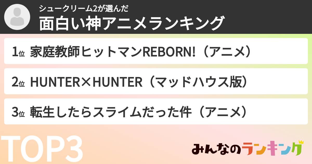 シュークリーム2さんの「面白い神アニメランキング」