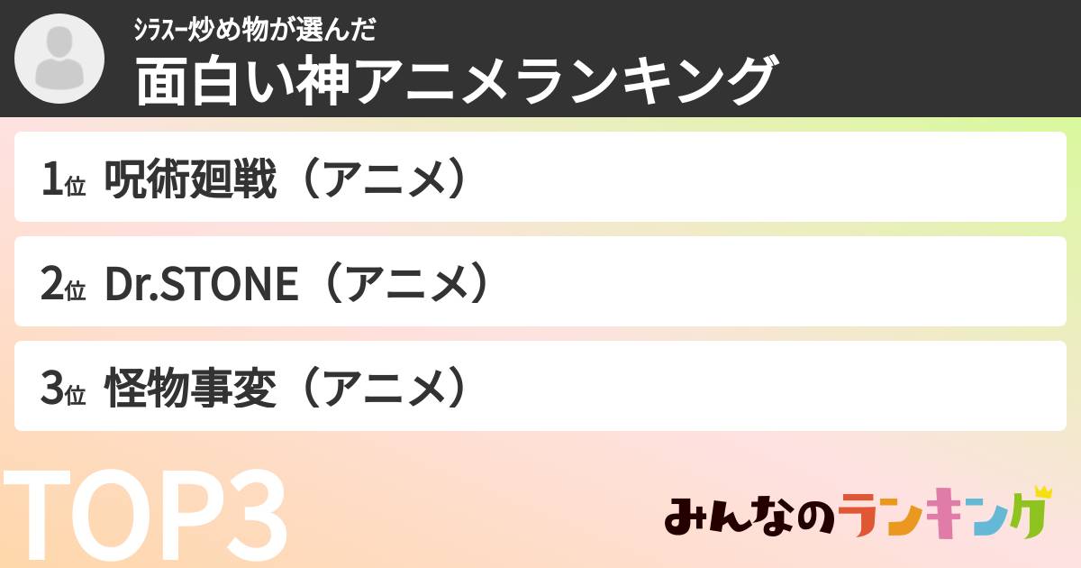 シラスー炒め物さんの「面白い神アニメランキング」