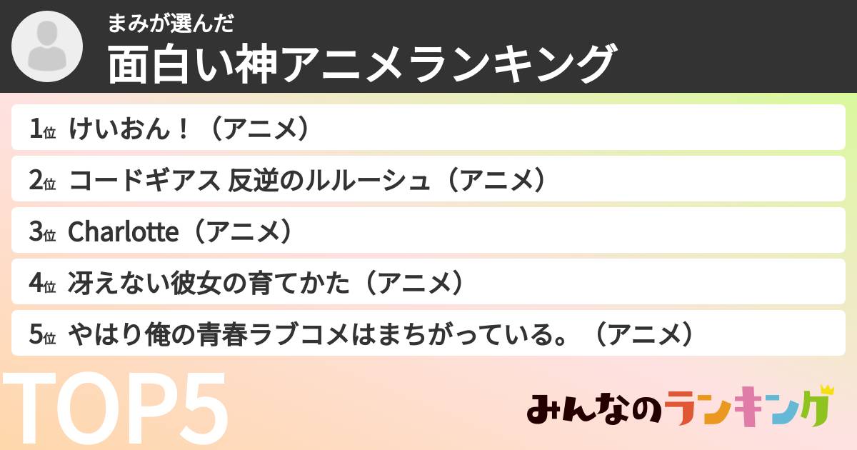 まみさんの「面白い神アニメランキング」