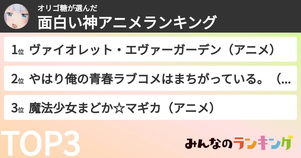 オリゴ糖さんの「面白い神アニメランキング」