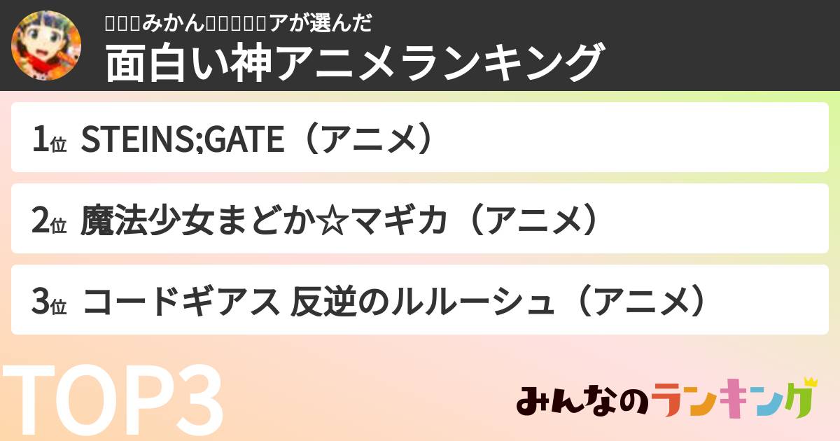 🍇🎀✨みかん✨🎀🌈☪🍊アさんの「面白い神アニメランキング」