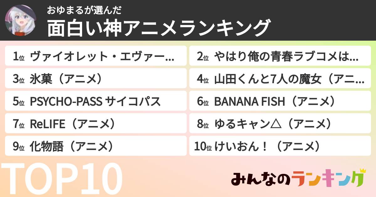 おゆまるさんの「面白い神アニメランキング」