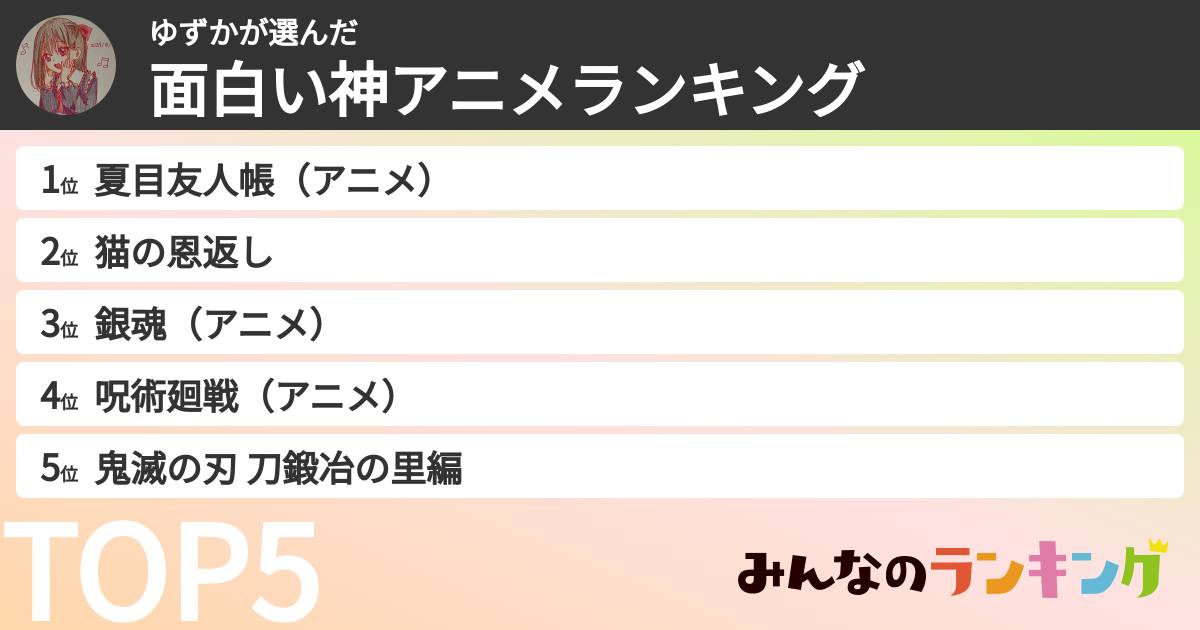 ゆずかさんの「面白い神アニメランキング」