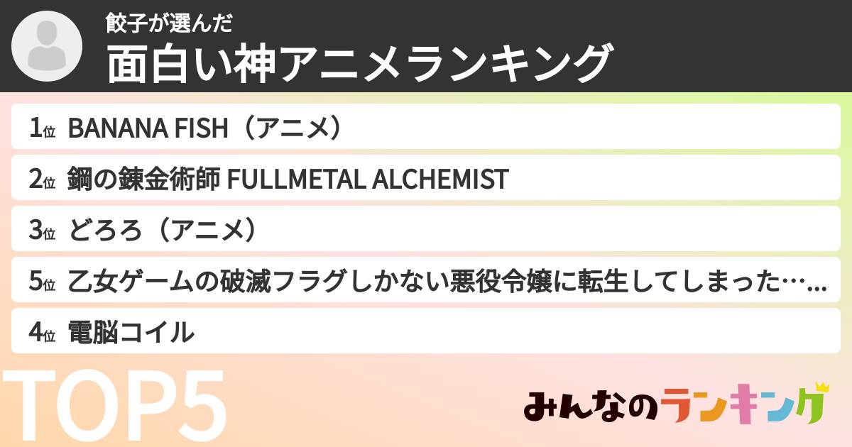 餃子さんの「面白い神アニメランキング」