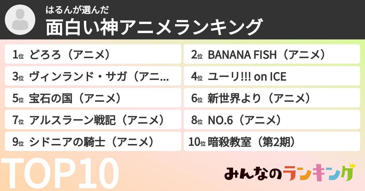 はるんさんの「面白い神アニメランキング」