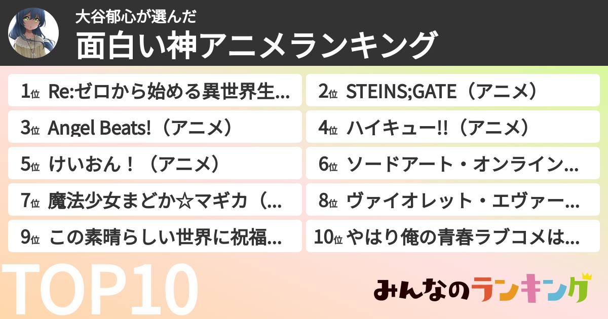 大谷郁心さんの「面白い神アニメランキング」