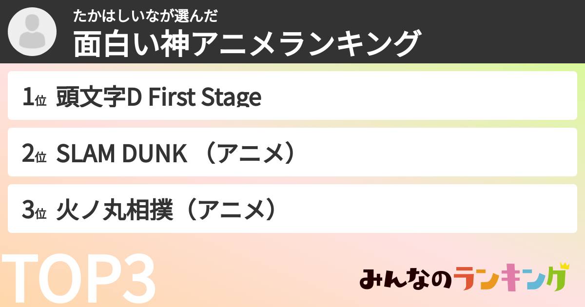 たかはしいなさんの「面白い神アニメランキング」