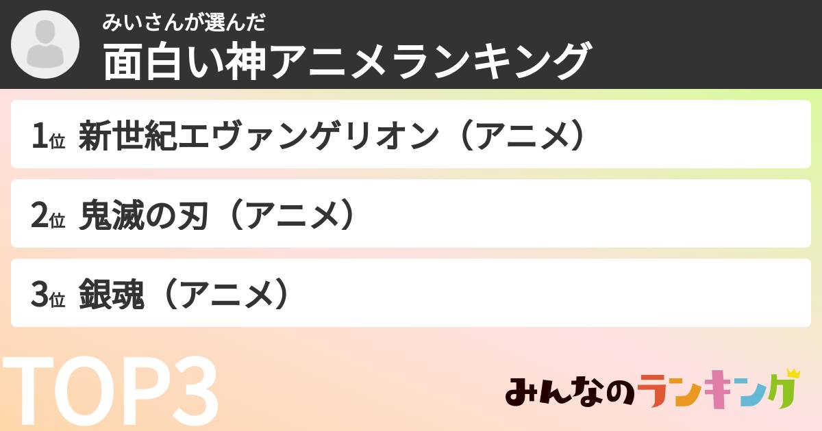みいさんさんの「面白い神アニメランキング」