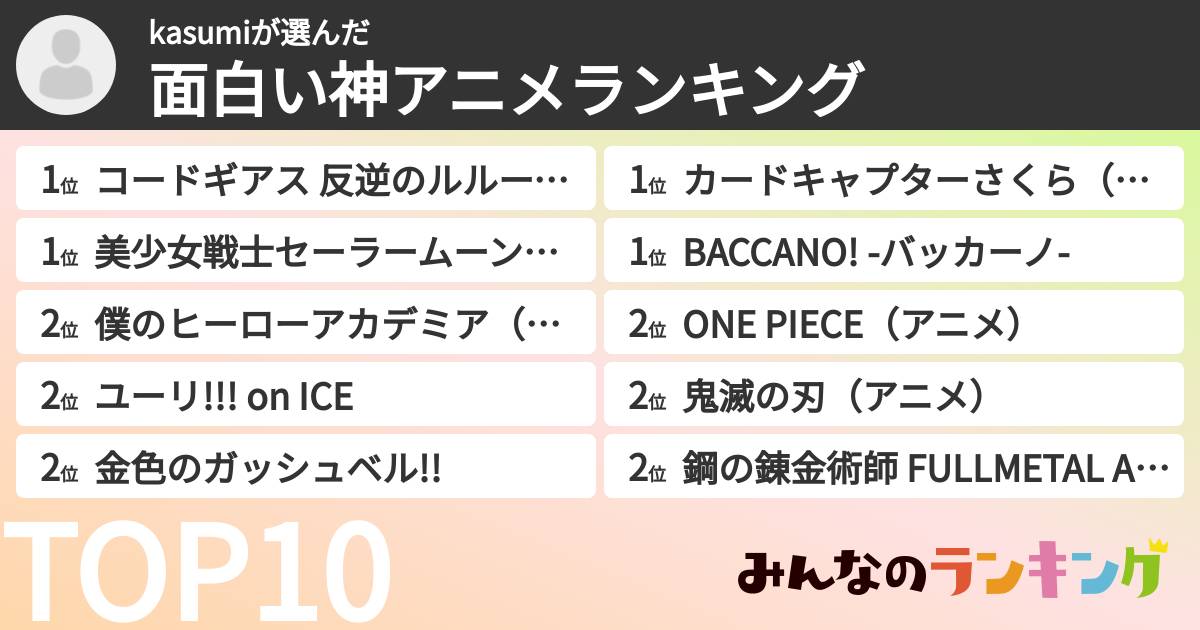 kasumiさんの「面白い神アニメランキング」