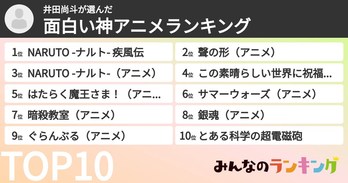 井田尚斗さんの「面白い神アニメランキング」