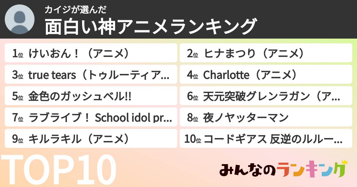 カイジさんの「面白い神アニメランキング」