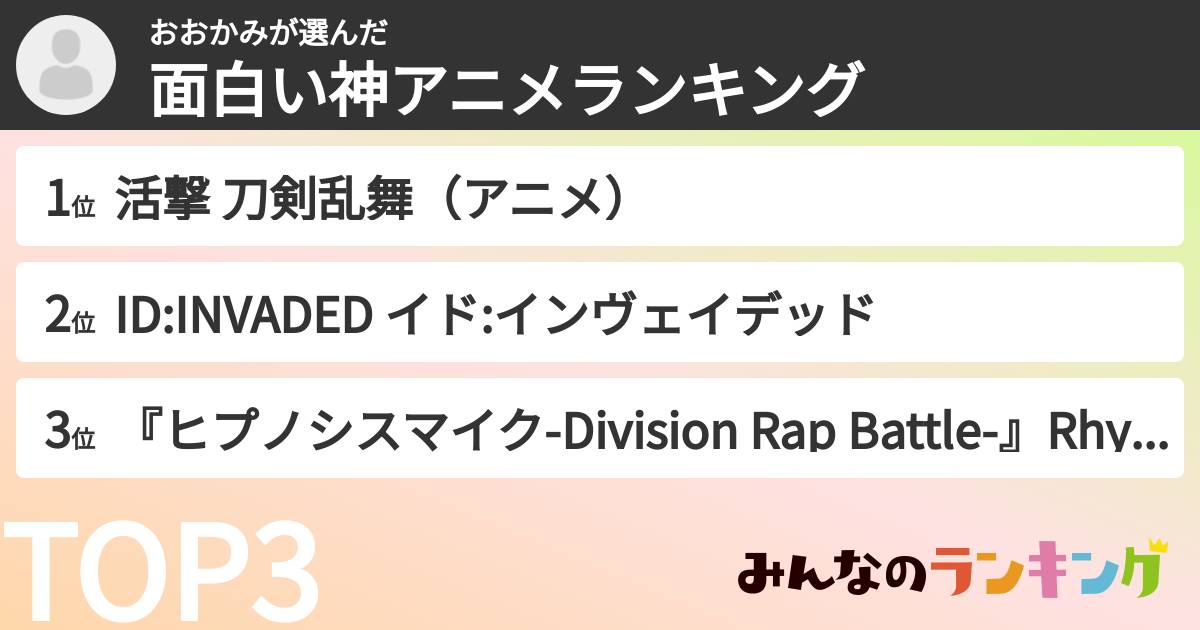おおかみさんの「面白い神アニメランキング」