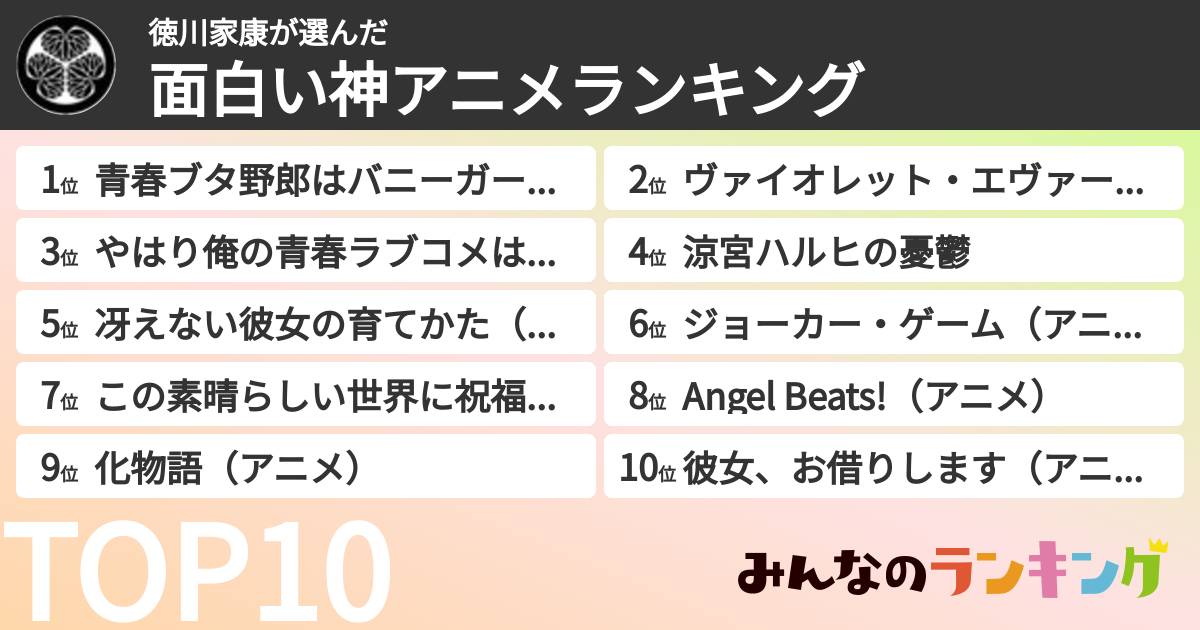 徳川家康さんの「面白い神アニメランキング」