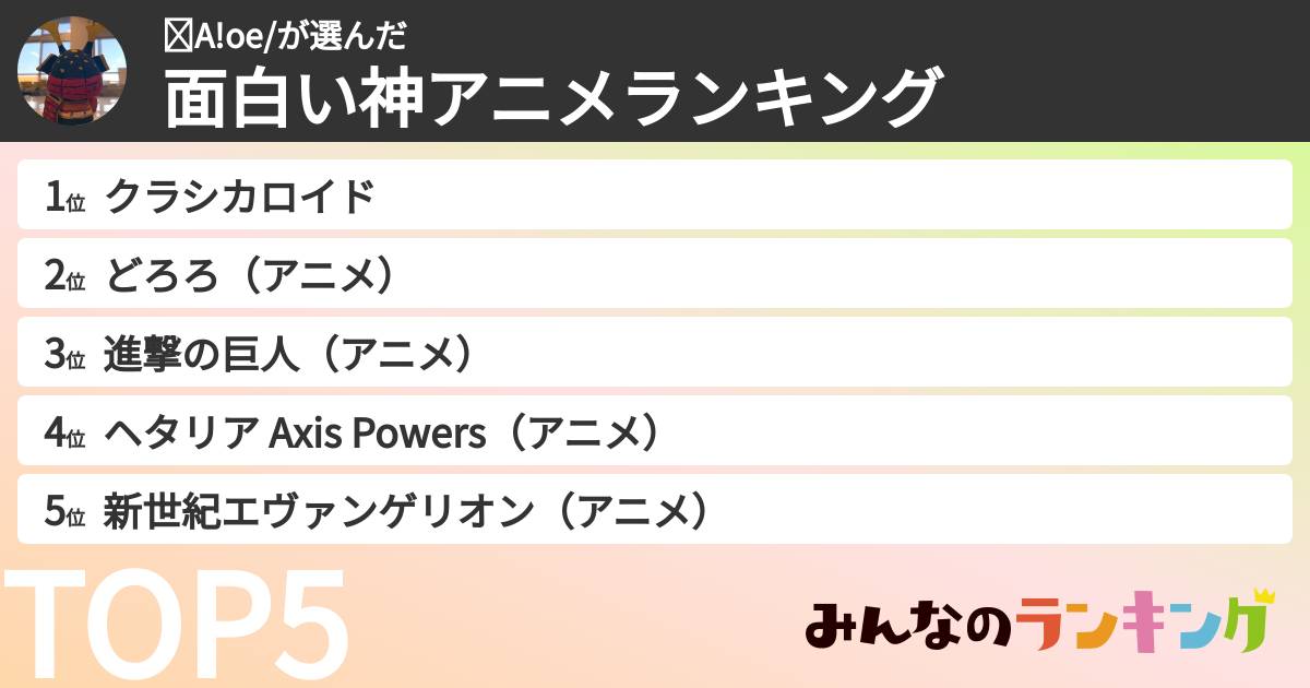 ☺︎A!oe/さんの「面白い神アニメランキング」