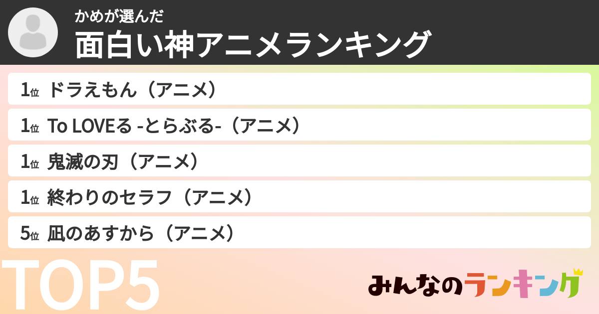 かめさんの「面白い神アニメランキング」