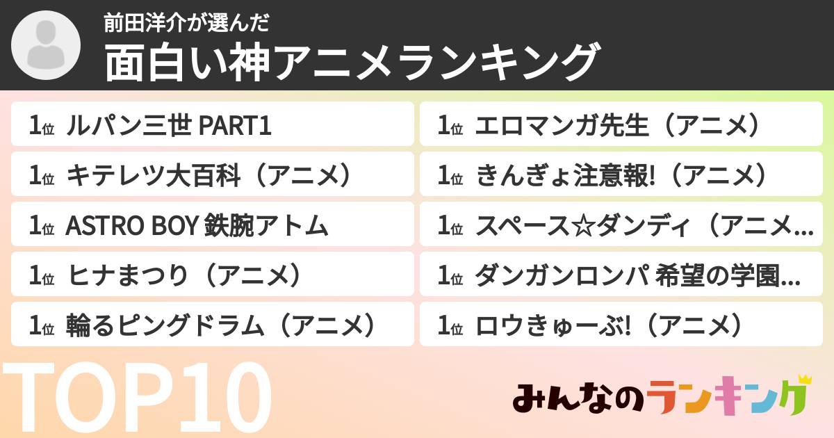 前田洋介さんの「面白い神アニメランキング」