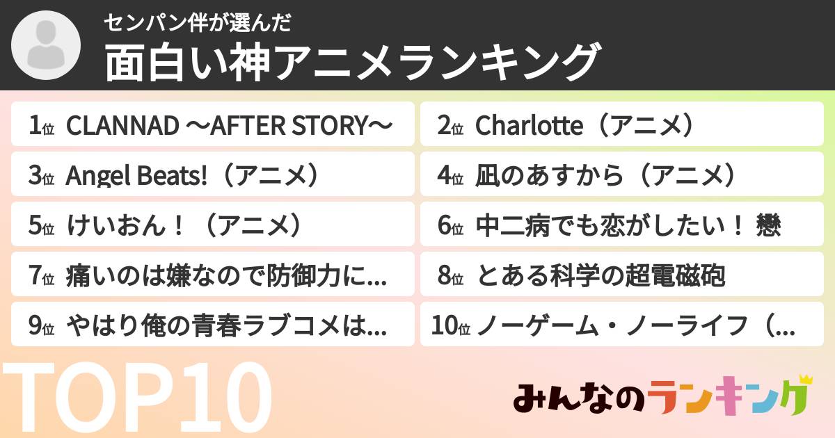 センパン伴さんの「面白い神アニメランキング」