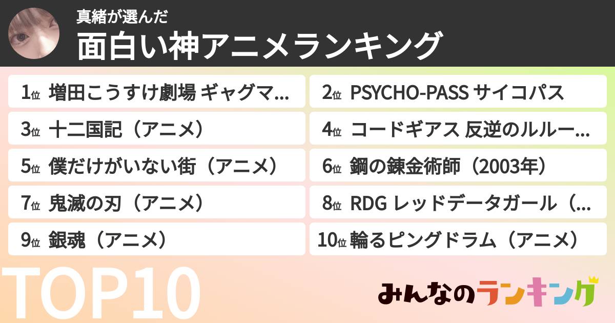 真緒さんの「面白い神アニメランキング」