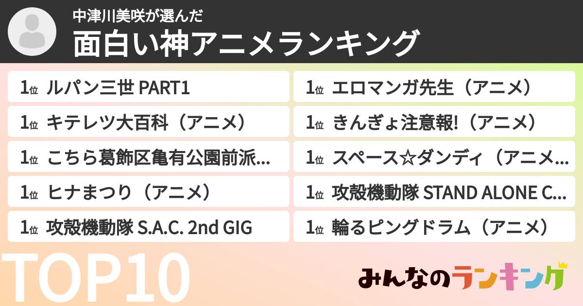 中津川美咲さんの「面白い神アニメランキング」