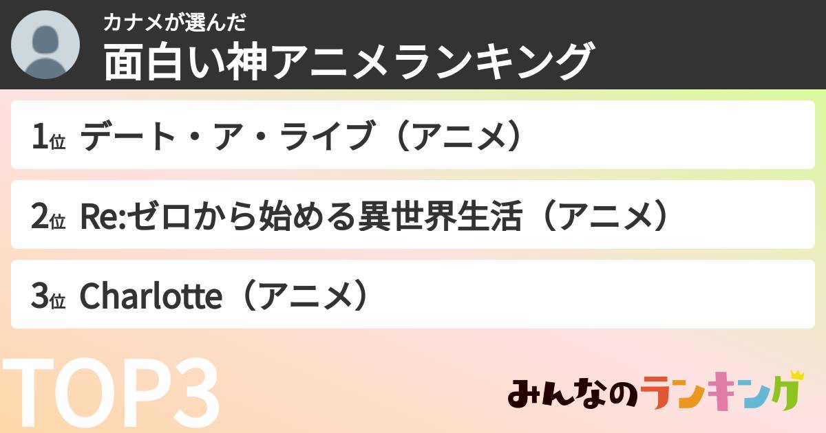 カナメさんの「面白い神アニメランキング」