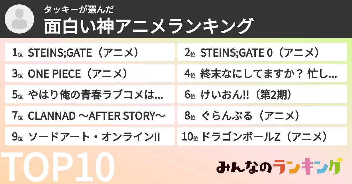 タッキーさんの「面白い神アニメランキング」