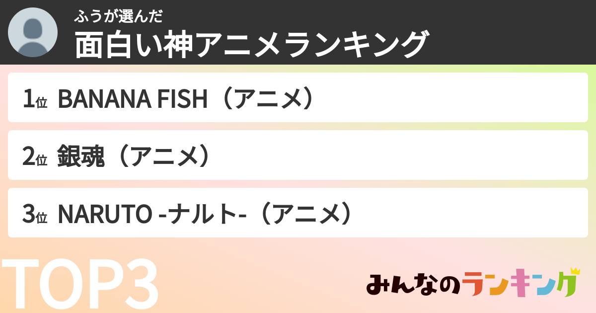 ふうさんの「面白い神アニメランキング」