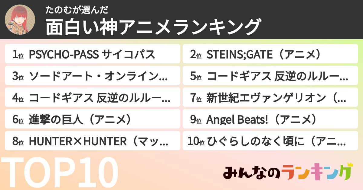たのむさんの「面白い神アニメランキング」