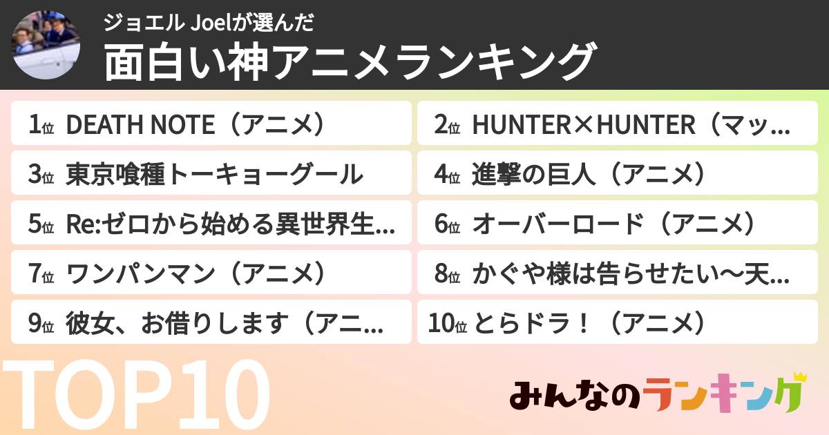 ジョエル Joelさんの「面白い神アニメランキング」