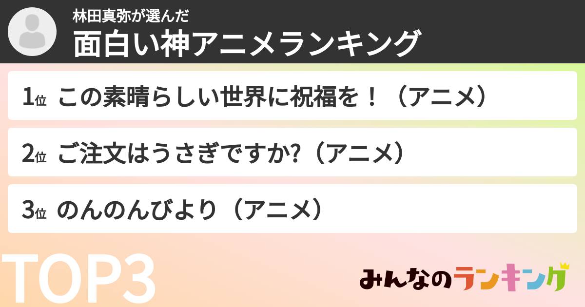 林田真弥さんの「面白い神アニメランキング」