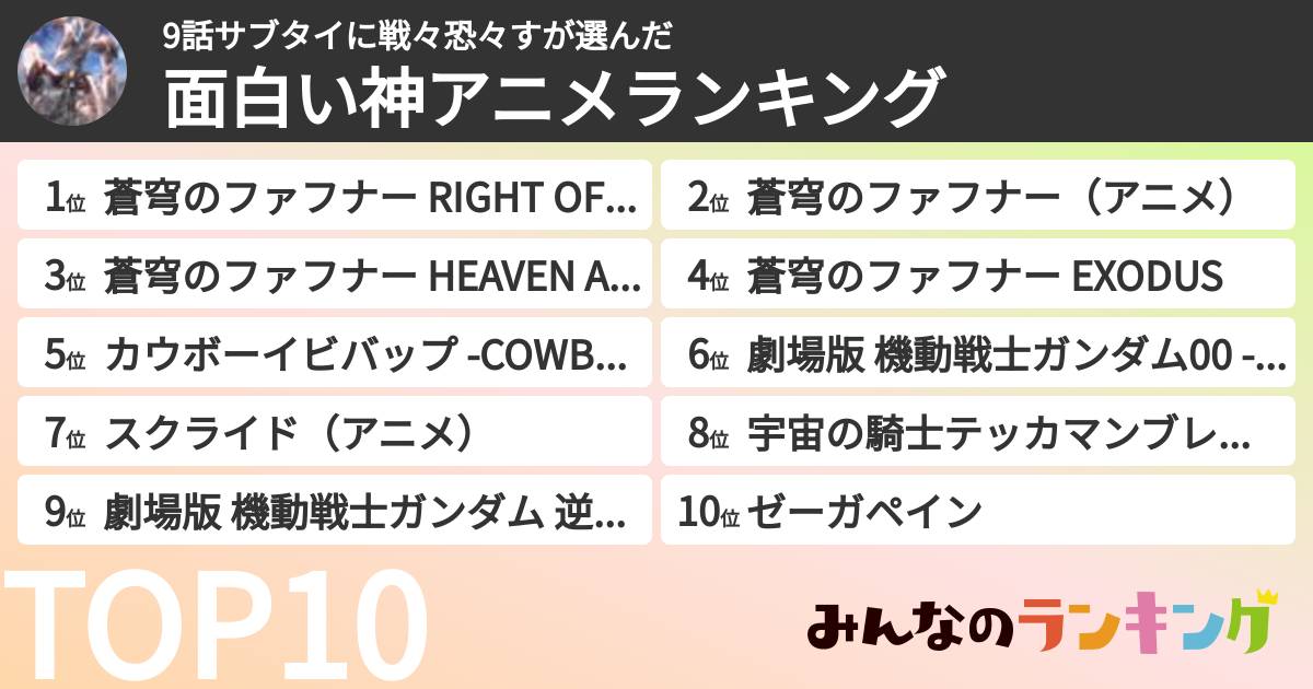 9話サブタイに戦々恐々すさんの「面白い神アニメランキング」