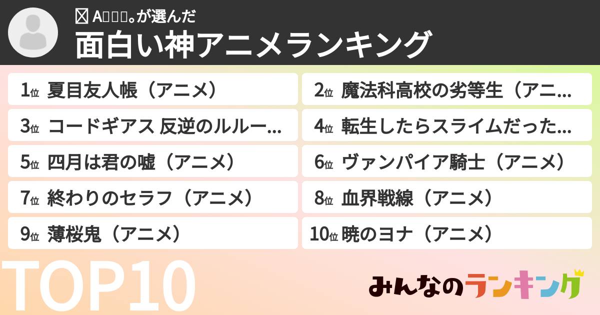 ☪︎ A𖤣𖥧𖥣。さんの「面白い神アニメランキング」