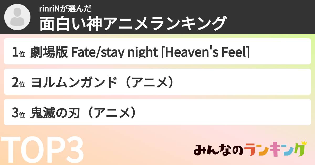 rinriNさんの「面白い神アニメランキング」