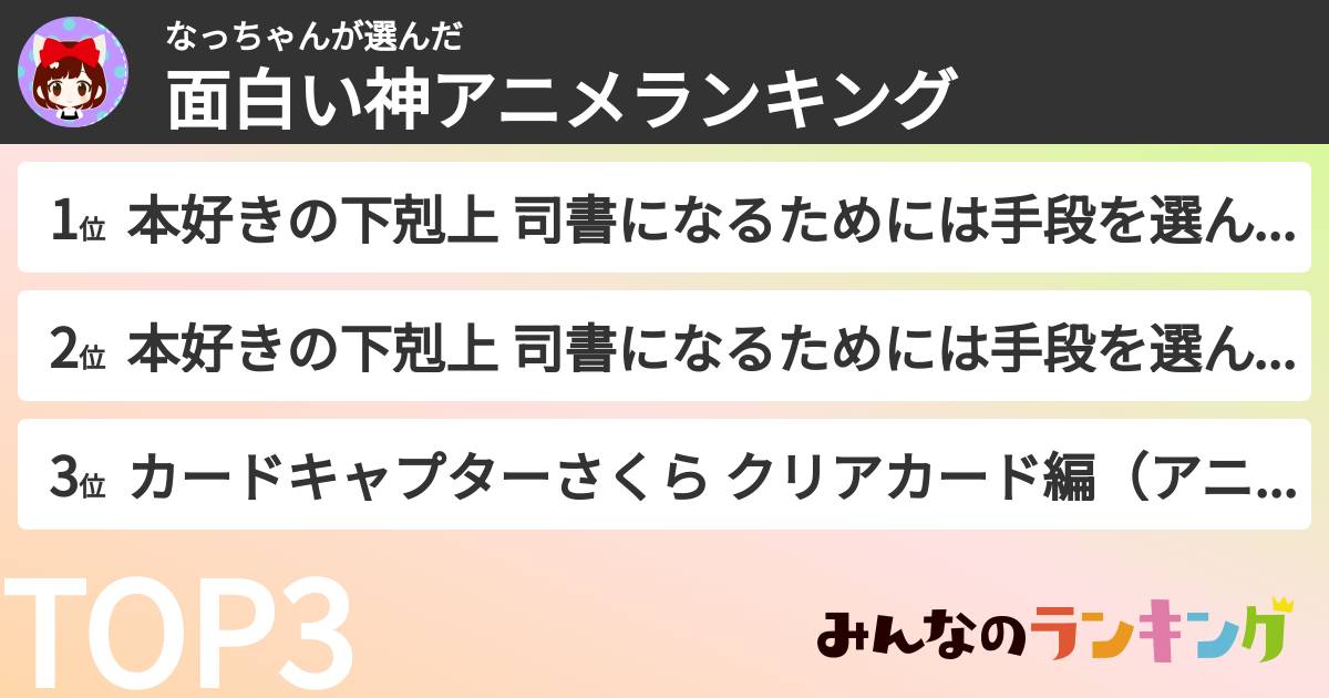 なっちゃんさんの「面白い神アニメランキング」