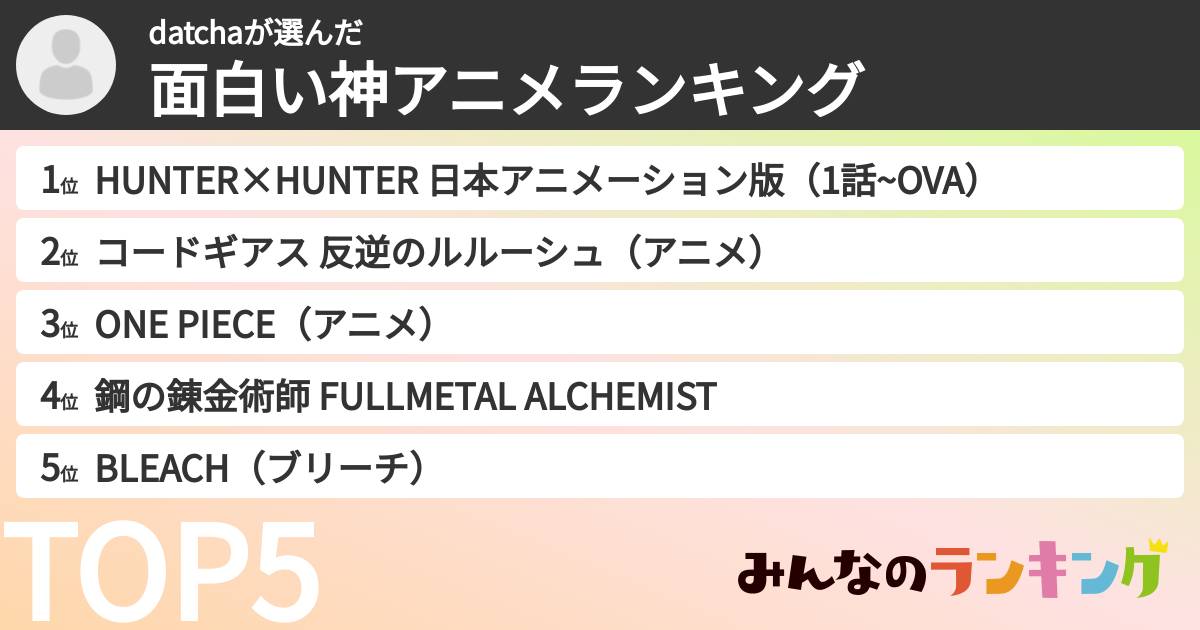 datchaさんの「面白い神アニメランキング」