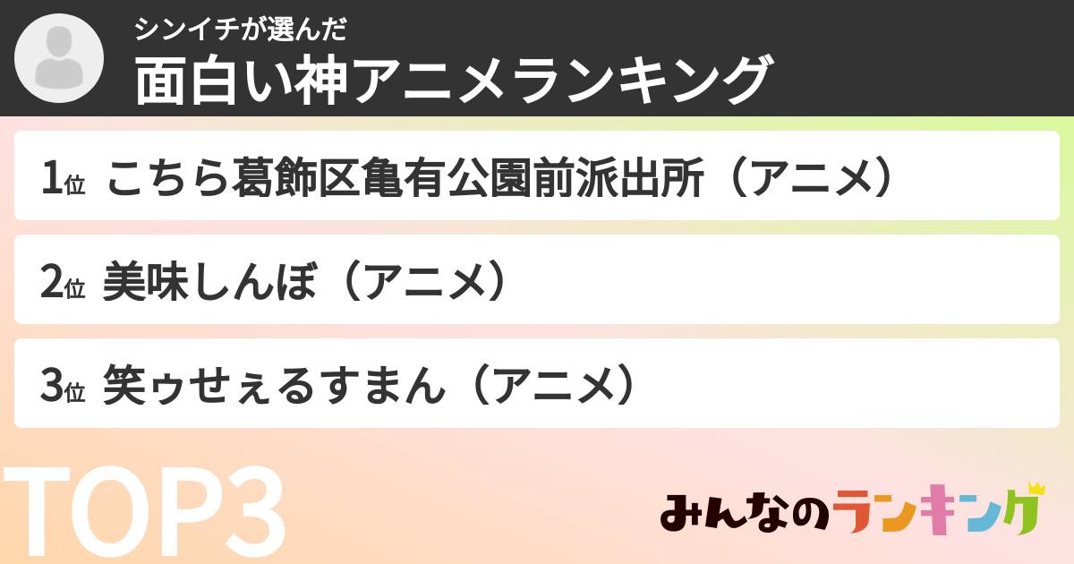 シンイチさんの「面白い神アニメランキング」