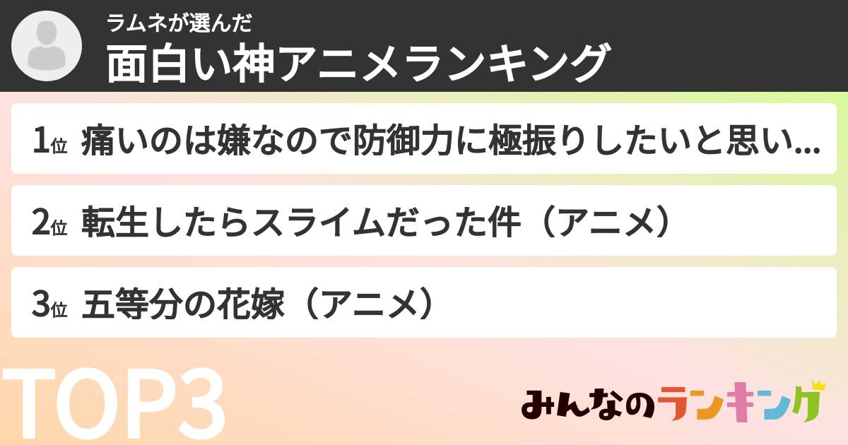 ラムネさんの「面白い神アニメランキング」