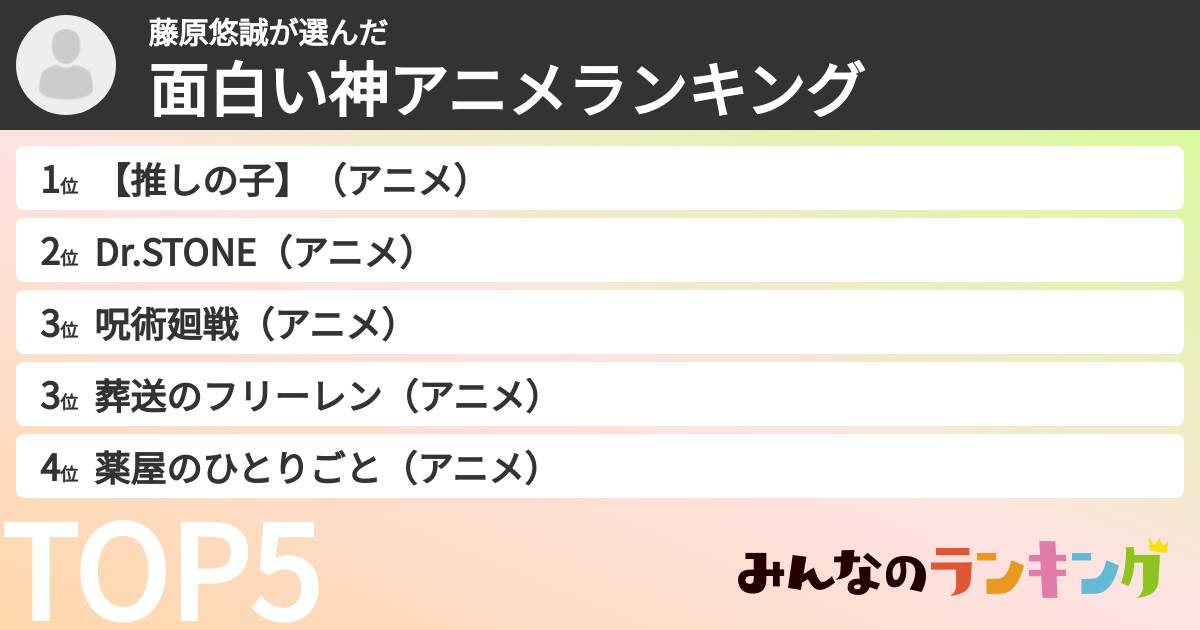 藤原悠誠さんの「面白い神アニメランキング」