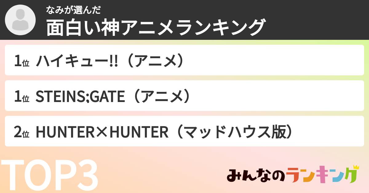なみさんの「面白い神アニメランキング」