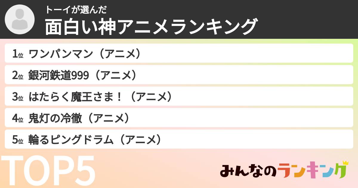 トーイさんの「面白い神アニメランキング」