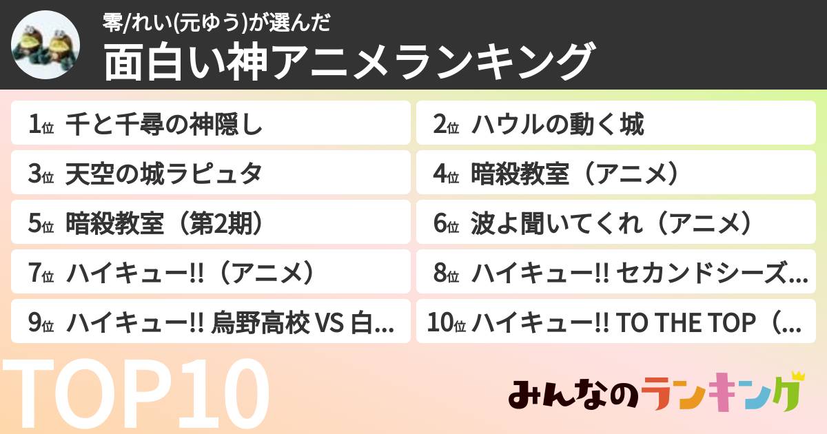 零/れい(元ゆう)さんの「面白い神アニメランキング」