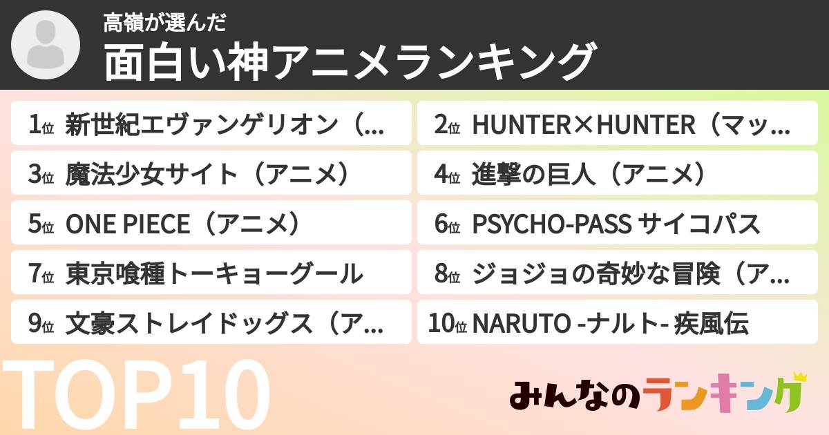 高嶺さんの「面白い神アニメランキング」