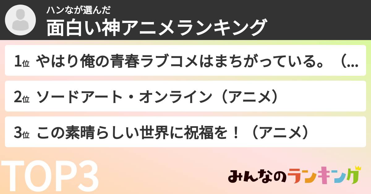 ハンなさんの「面白い神アニメランキング」