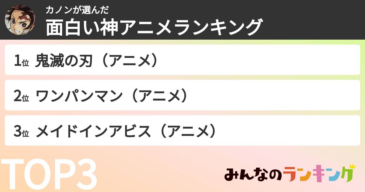 カノンさんの「面白い神アニメランキング」