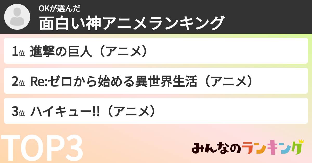 OKさんの「面白い神アニメランキング」