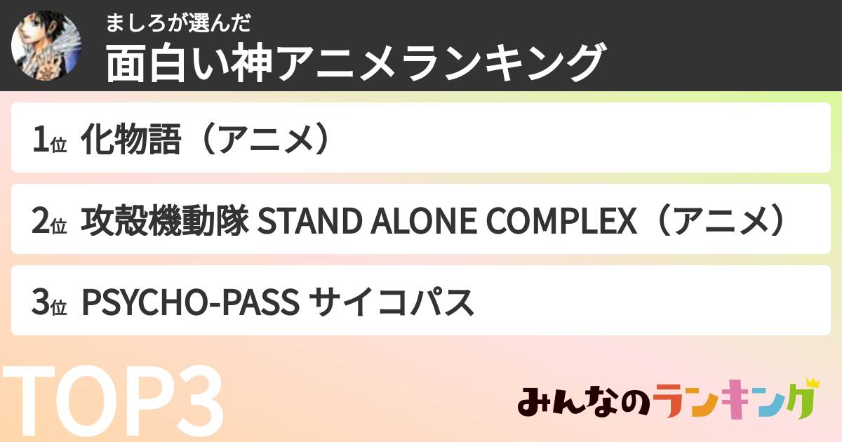 ましろさんの「面白い神アニメランキング」