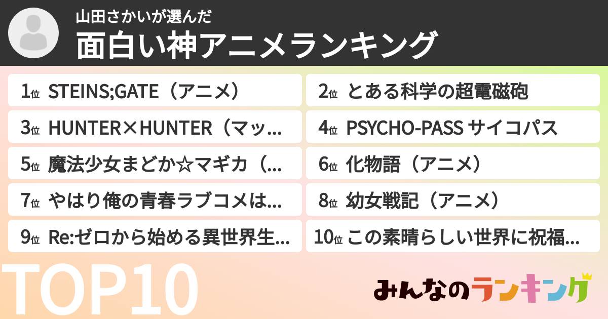 山田さかいさんの「面白い神アニメランキング」